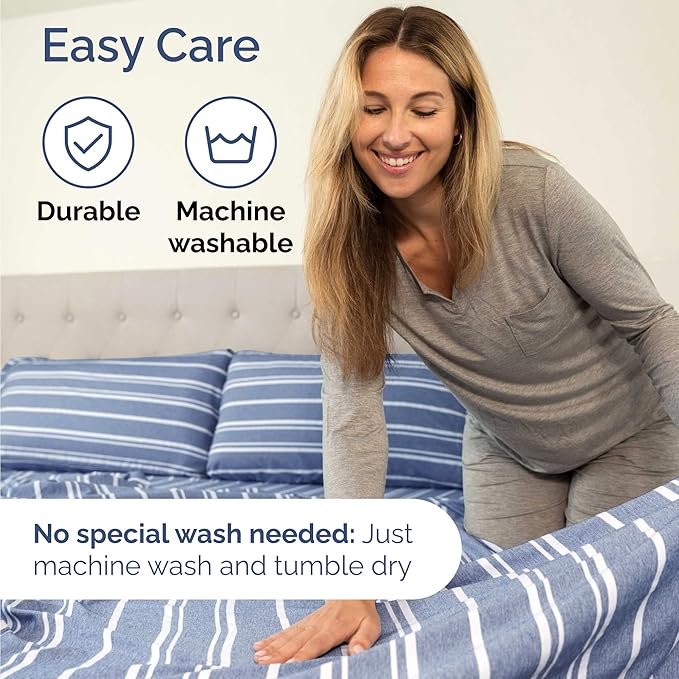 Twin 4 Piece Sheet Set - Comfy Breathable & Cooling - Soft Hotel Luxury Bedding Set with 8-16 Inch Deep Pockets - 1 Flat & 1 Fitted Sheet & 2 Pillowcases - Wrinkle Free & Easy Care - Blue Stripes 3