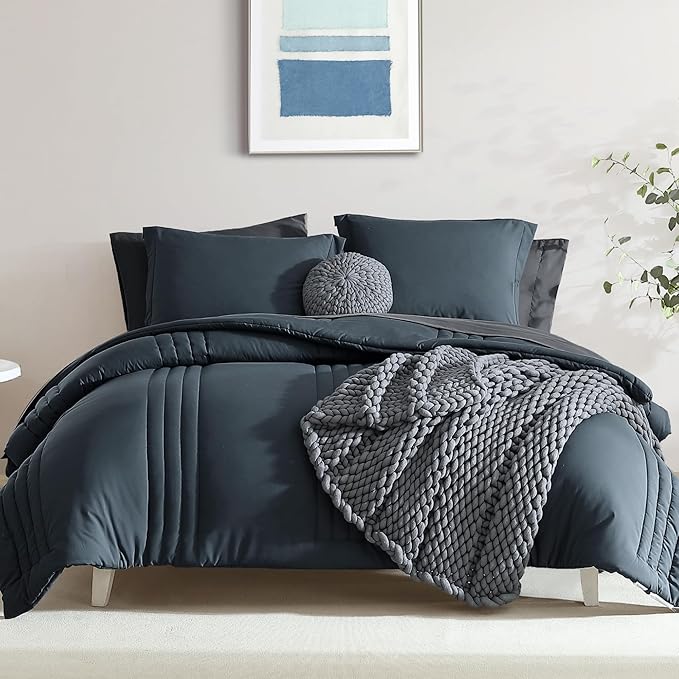 Monbix Oversized Queen Comforter Set - 7 Pieces Blue Grey Bed in a Bag Queen Bedding Sets with Comforters, All Seasons Down Alternative Comforter Bed Set with Sheets,Pillowcases & Shams