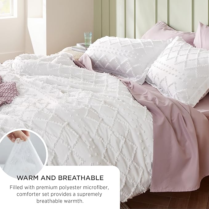 Bedsure Queen Comforter Set - White Comforter, Boho Tufted Shabby Chic Bedding Comforter Set for Kids, 3 Pieces Vintage Farmhouse Bed Set for All Seasons, Fluffy Soft Bedding Set with 2 Pillow Shams