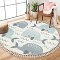 Round Boho Pastel Colours Whale in The Waves Seamless Cute Ocean Creatures Area Rug Linen Carpet Patio Hallway Runner Mat Pad Minimalist Home Decor for Living Room Outdoor