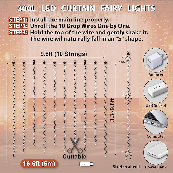 HXWEIYE 300LED Fairy Curtain Lights, 9.8x9.8Ft USB Plug-in 8 Modes Christmas String Hanging Lights with Remote for Bedroom Backdrop Wedding Party Indoor Wall Decor, Orange, Standard