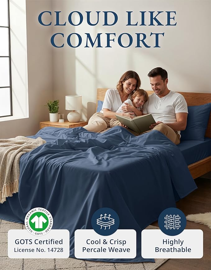 LANE LINEN 100% Organic Cotton Queen Sheets Set, Fully Elasticized Machine Washable Mercerized Cotton Soft & Comfy Low Pill Fade Resistant Sheets Queen Size Set, Classic Percale Weave- Estate Blue