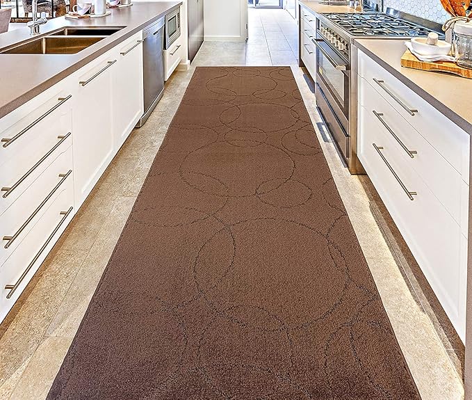 Custom Size Modern Geometric Pattern Carpet Runner Rug for Hallways, Slip Resistant Latex Rubber Backed, 31 inch Wide X Customized Length, Circles Brown, 31 inch X 10 feet