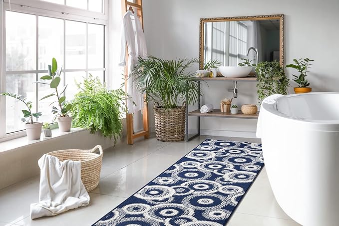 Custom Length Cut to Size Retro Modern Coastal Carpet Runner Rug for Hallways, Non Slip Rubber Backed, 31 inch Wide X Customized Length, Geo Blue, 31 inch X 20 feet