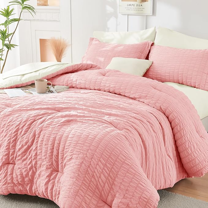 HYMOKEGE Pink/Ivory Queen Comforter Set Seersucker 7 Pieces, All Season Luxury Bed in a Bag Queen for Bedroom, Bedding Set with Comforter, Sheets, Pillowcases & Shams