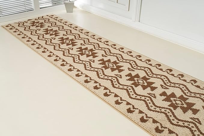 Custom Length Cut to Size Tribal Ethnic Southwestern Inspired Hallway Runner Rug, Non Slip Rubber Backed, 31 inch Wide X Customized Length, Aztec Beige, 31 inch X 10 feet