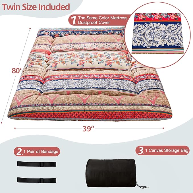 MAXYOYO Bohemian Retro Floor Mattress Vintage Floral Japanese Futon Mattress Roll Up Thicken Sleeping Bed Portable Camping Mattress Floor Lounger Couch Bed Mattress Pad, Twin Size