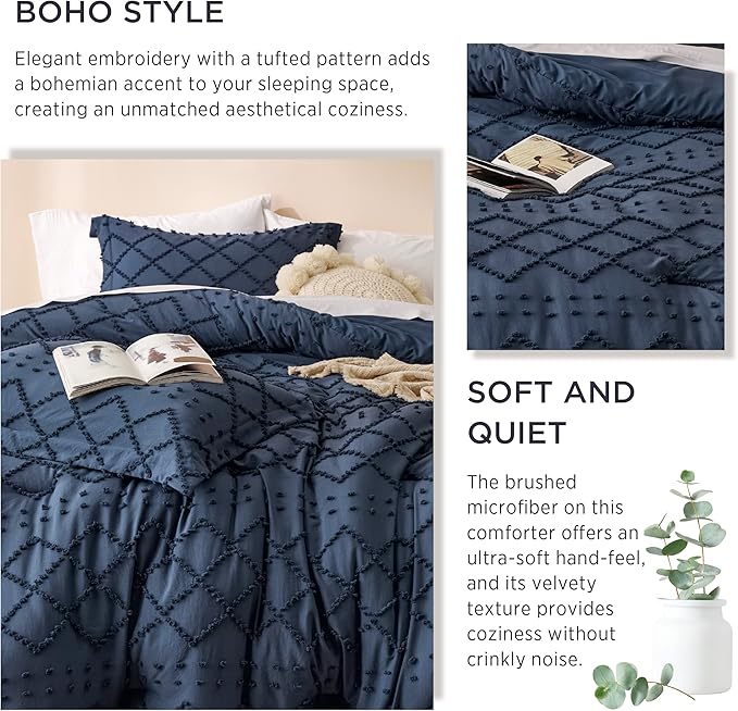 Bedsure Twin XL Comforter Set - Navy Blue Comforter, Boho Tufted Shabby Chic Bedding for Kids, 2 Pieces Vintage Farmhouse Bed Set for All Seasons, Fluffy Soft Bedding with 1 Pillow Sham