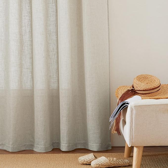 RYB HOME Linen Flax Curtains 84 Inches Long - Breathable Flax Linen Woven Semi Sheer Curtains Privacy Drapes UV Rays Protected for Room Divider, Wedding Party Backdrop, W 52" x L 84", Angora, 2 PC