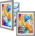 KINLINK 9x12 Kids Art Frames Set of 2, Solid Wood Kids Artwork Frames Changeable with Acrylic Front Opening Holds 150 Pictures, Art Frame for Kids Artwork with Mat or without Mat, Grey
