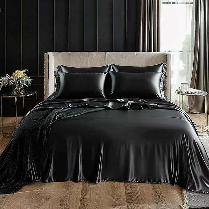 Love's cabin Twin Satin Sheets Sets - 3 Piece Black Silky Bed Sheets with Deep Pockets, Luxury Silk Feel Satin Twin Size Sheet Set Bedding Set (1 Flat Sheet,1 Fitted Sheet,1 Pillow case)