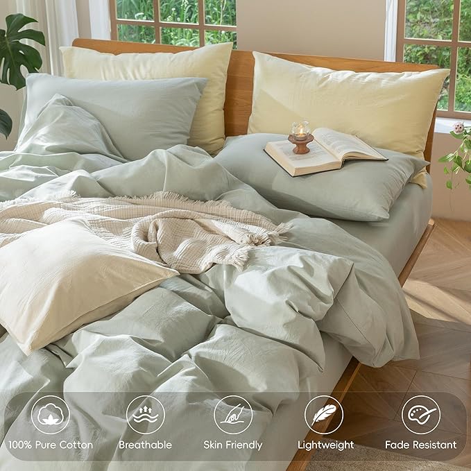 MooMee Bedding Duvet Cover Set 100% Washed Cotton Linen Like Textured Breathable Durable Soft Comfy (Heathered Sage Green, Full 80"x90")