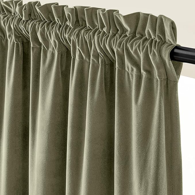 Lazzzy Velvet Blackout Curtains Thermal Insulated Room Window Drapes Super Soft Luxury Curtains for Living Room Bedroom Rod Pocket 2 Panels, Olive Sage, 62" W x 96" L