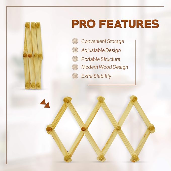 Set of 4 RAM-PRO Accordion Style Wood Expandable Wall Rack for Hat, Cap, Belt, Umbrella Coffee Mug Jewelry Hanging Wooden Pegs
