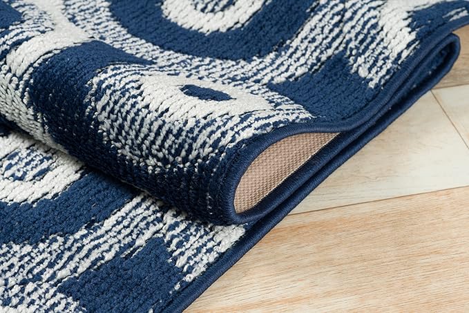 Custom Length Cut to Size Retro Modern Coastal Carpet Runner Rug for Hallways, Non Slip Rubber Backed, 31 inch Wide X Customized Length, Geo Blue, 31 inch X 20 feet