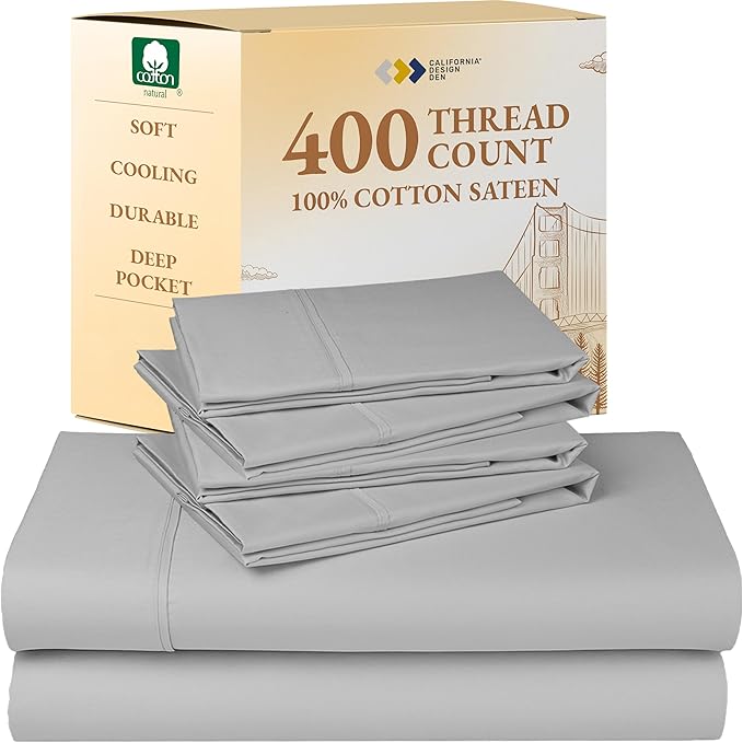 California Design Den 6-Pc King Size Sheet Set with 4 Pillowcases - Soft 400 Thread Count 100% Cotton Sheets, Cooling Sateen Weave, Luxury Deep Pocket Bedsheets Set - Light Grey