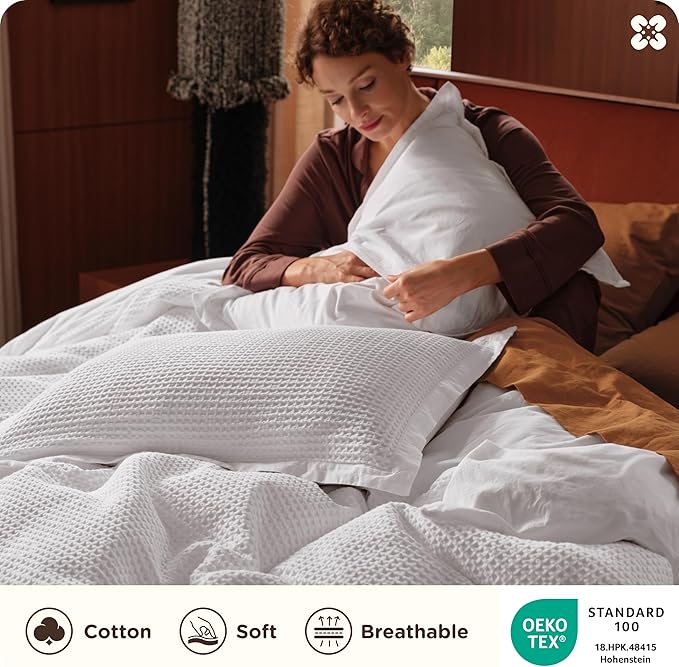 Bedsure Cotton Duvet Cover Set - 100% Cotton Waffle Weave Bright White Duvet Cover California King Size, GentleSoft™ and Breathable Cal King Bedding Set for All Season, 3 Pieces, 104"x98"