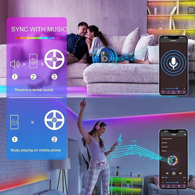100ft Led Lights for Bedroom, Led Strip Lights Music Sync Corlor Changing, Led Light Strip with Remote & App Control RGB Strip, Led Lights for Room Dorm Home Classroom Ceiling Decor