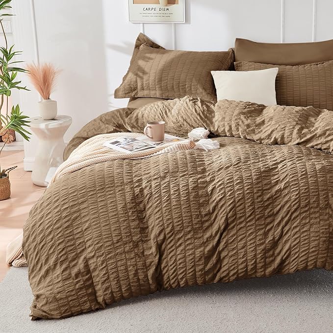 HYMOKEGE Brown Full Size Comforter Sets Seersucker 7 Pieces, All Season Luxury Bed in a Bag for Bedroom, Bedding Set with Comforter, Sheets, Pillowcases & Shams