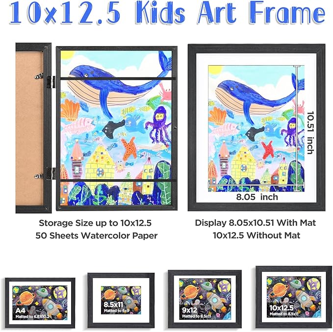 KINLINK 10x12.5 Kids Art Frames Set of 2, Solid Wood Kids Artwork Frames Changeable with Acrylic Front Opening Holds 150 Pictures, Art Frame for Kids Artwork with Mat or without Mat, Black Wood