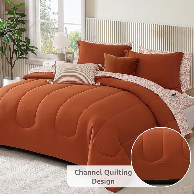 Monbix Queen Comforter Set - 7 Pieces Burnt Orange Bed in a Bag Queen Track Stitching Bedding Sets, All Seasons Down Alternative Comforter Bed Set with Sheets,Pillowcases & Shams