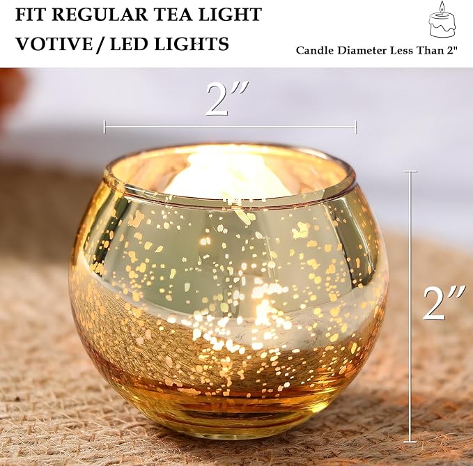 Volens Round Gold Votive Candle Holders, Mercury Glass Candle Holder Set of 12, Thanksgiving Decorations for Home