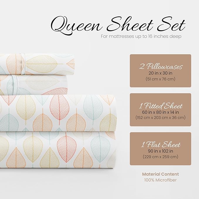 Linen Market Double-Brushed Patterned Microfiber Queen Sheet Set 4 Piece – Oeko-TEX Certified Ultra Soft & Wrinkle-Free - 16" Deep Pocket Sheets - Easy Care Queen Size - Fall Foliage Yellow