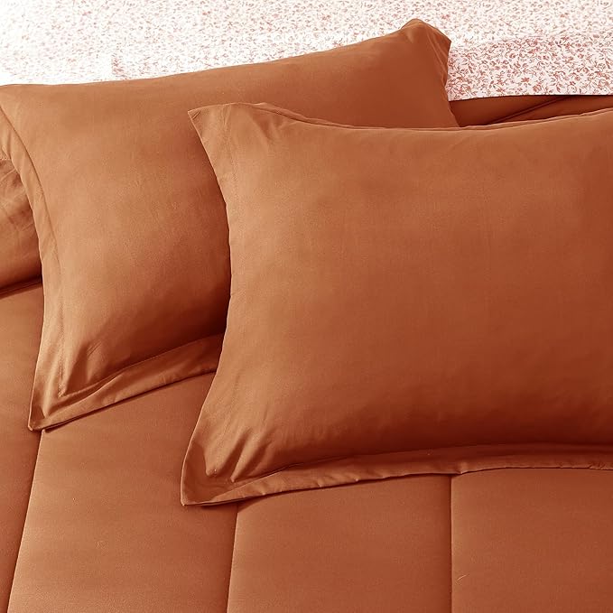 Monbix Queen Comforter Set - 7 Pieces Burnt Orange Bed in a Bag Queen Track Stitching Bedding Sets, All Seasons Down Alternative Comforter Bed Set with Sheets,Pillowcases & Shams