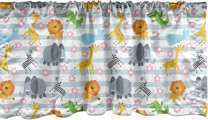Ambesonne Savannah Window Valance Pack of 2, Friendly Zoo Animals with Happy Faces Cartoon Characters on Stripes Print, Rod Pocket Curtain Valances for Kitchen Bedroom, 42" X 18", Pale Azure Blue