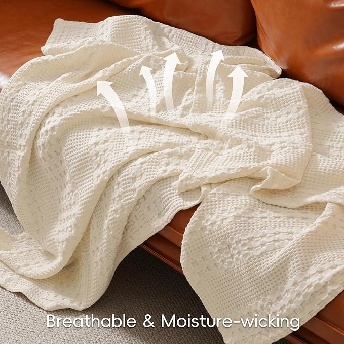 PHF 100% Cotton Waffle Weave Blanket Twin Size for Bed, Soft Lightweight & Breathable, All-Season Comfort, Luxury Aesthetic Woven Bedding for Home Decor, 66"x90", Natural