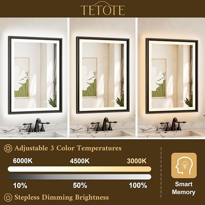 TETOTE Black LED Bathroom Mirror with Lights 24x36 Front & Back Light Vanity Framed Mirror Baroque Gothic Anti Fog Dimmable White/Warm/Natural,CRI90+,Waterproof,Wall Mounted(Horizontal/Vertical)