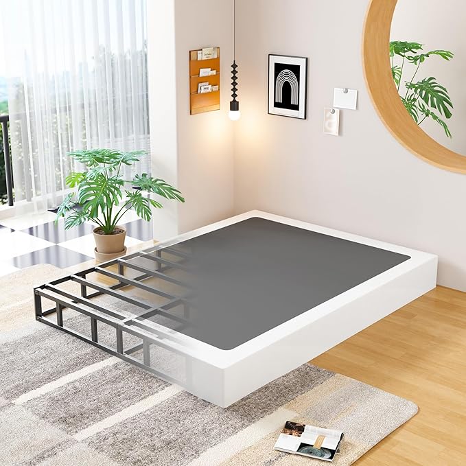 EMODA 8 Inch Full Size Box Spring Bed Base, 3000 LBS Heavy Duty Metal Mattress Foundation with Fabric Cover, Easy Assembly, Black