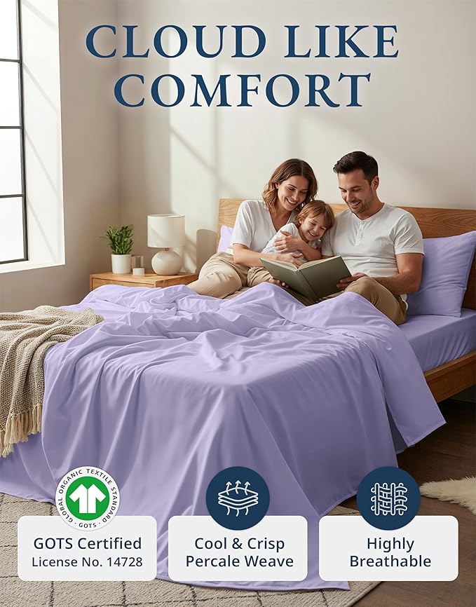 LANE LINEN 100% Organic Cotton Fully Elasticized King Sheet Set, Low Pilling Fade Resistant Machine Washable Naturally Cooling King Bedding Set, Soft & Comfy Cotton Sheets - Orchid Petal