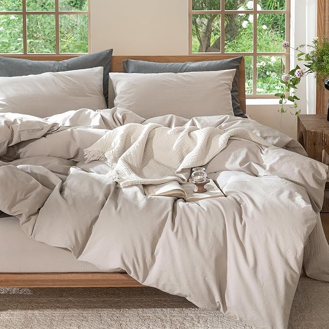 MooMee Bedding Duvet Cover Set 100% Washed Cotton Linen Like Textured Breathable Durable Soft Comfy (Solid Light Tan, Palatial King/Oversized King 120"x98")