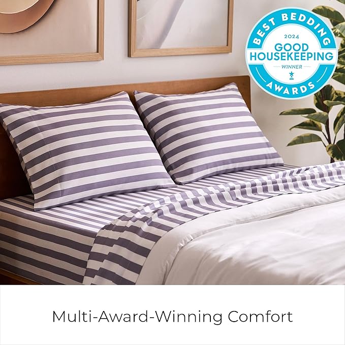 Mellanni Queen Sheets Set - 4 PC Iconic Collection Bedding - Hotel Luxury, Extra Soft, Cooling Bed Sheets - Wrinkle, Fade, Stain Resistant (Queen, Oxford Stripe Hazy Lilac)