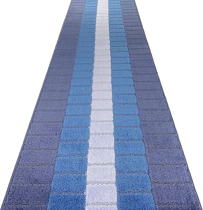 Custom Size Coastal Nautical Style Runner Rug Carpet for Hallway Entryway, Slip Resistant Latex Rubber Backed, 31 inch Wide X Customized Length, Squares Blue, 31 inch X 14 feet