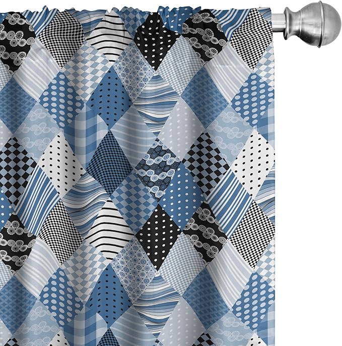 Ambesonne Geometric Window Curtains, Geometrical Diamond Shaped Lines with Various Nostalgic Fashioned Old Pattern, Decorative Panels Set of 2 with Rod Pocket, Pair of - 28" x 84", Black Blue