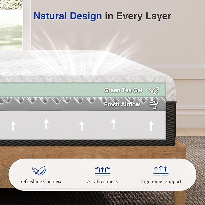 12 Inch Green Tea Memory Foam Mattress, Queen Memory Foam Mattress in a Box, Gel Infused Foam for Pressure Relief and Cool Sleep, CertiPUR-US Certified, Medium Firm