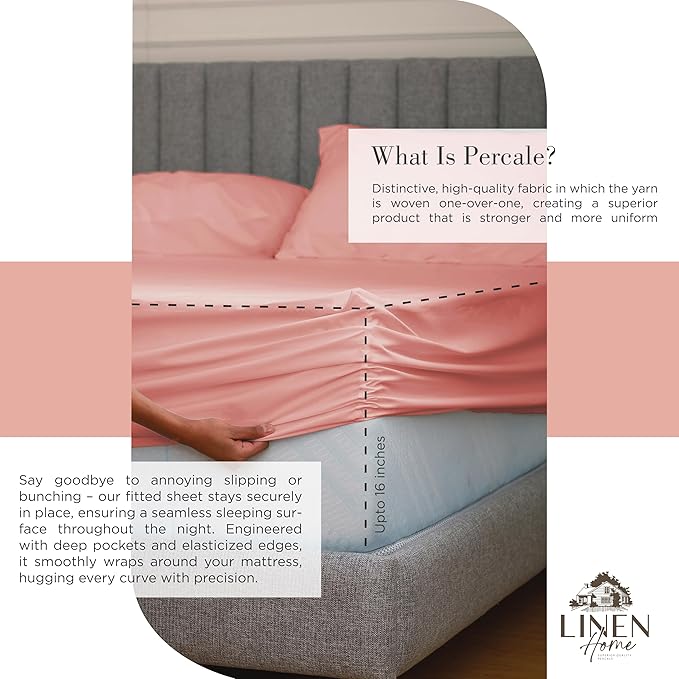 Linen Home 100% Cotton Percale Sheets Twin Size, English Rose, Deep Pocket, 3 Pieces Set - 1 Flat, 1 Deep Pocket Fitted Sheet and 1 Pillowcase, Crisp Cool and Strong Bed Linen