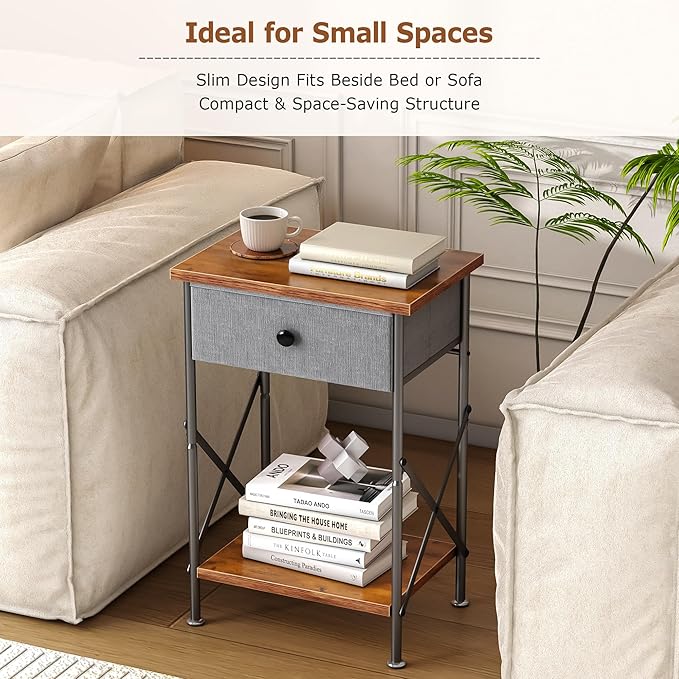 VECELO Nightstand with Drawer, Small Bedside Table with Storage and Adjustable Metal Legs, Wood End Table for Bedroom or Living Room, Perfect for Small Spaces and Modern Farmhouse Décor, Retro Brown