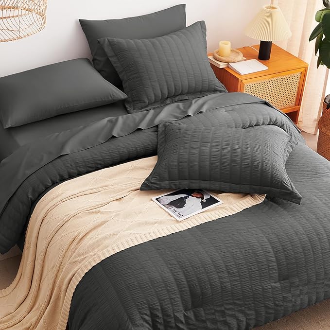 CozyLux Full Size Comforter Sets with Sheets Seersucker 7 Pieces Dark Grey Bed in a Bag Textured Luxury Soft Bedding Set with Down Alternative Comforter, Sheets, Pillowcases & Shams for All Seasons