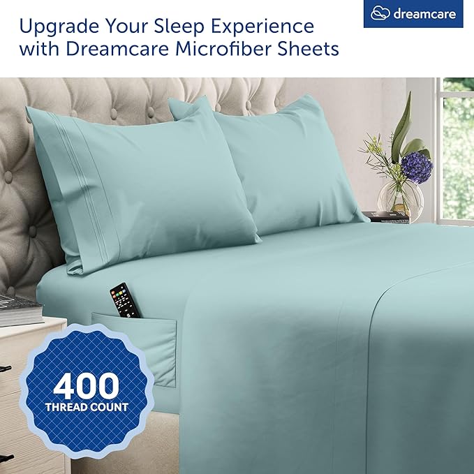 DREAMCARE King Size Sheets Set - Cooling Bed Sheets - 4pcs Set - up to 15" Deep Pocket King Sheet Set – Soft & Long Lasting Cooling - 100% Fine Brushed Microfiber with Side Pocket - Spa Blue