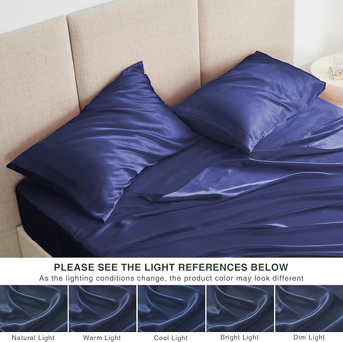 Love's cabin Satin Queen Sheets Set - 4 Piece Navy Blue Silky Bed Sheets with Deep Pocket, Luxury Silk Feel Satin Queen Size Sheet Set (1 Flat Sheet,1 Fitted Sheet,2 Pillow Cases)