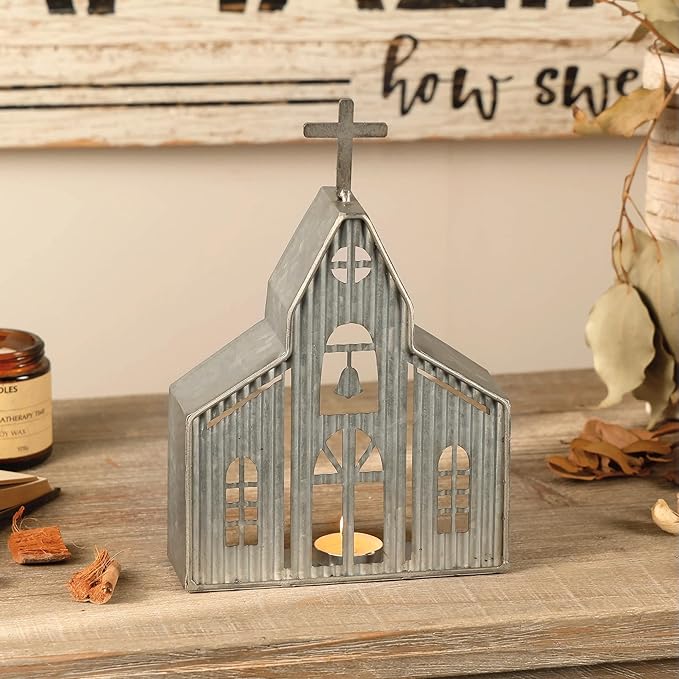 Church Shaped Tea Light Candle Holder Farmhouse Galvanized Metal Candle Holder Vintage Decorative Tealight Holder for Table Centerpiece Decoration - 6.22" x 1.97" x 9.25"