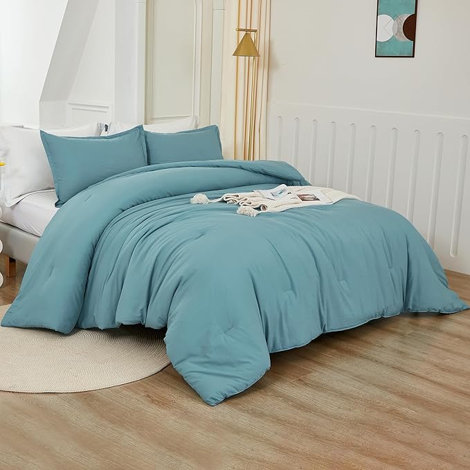 Litanika Grayish Teal Comforter Full Size, 3 Pieces Lightweight Solid Bedding Set, All Season Fluffy Bed Set (79x90In Comforter & 2 Pillowcases)