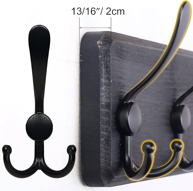 SKOLOO Coat Rack Wall Mounted - Pack of 2, Wooden, Heavy Duty, Rustic Coat Hooks for Wall, 16'' Hole to Hole, Wall Coat Rack with 5 Triple Hooks for Hanging Clothes, Jacket, Hat(Black)