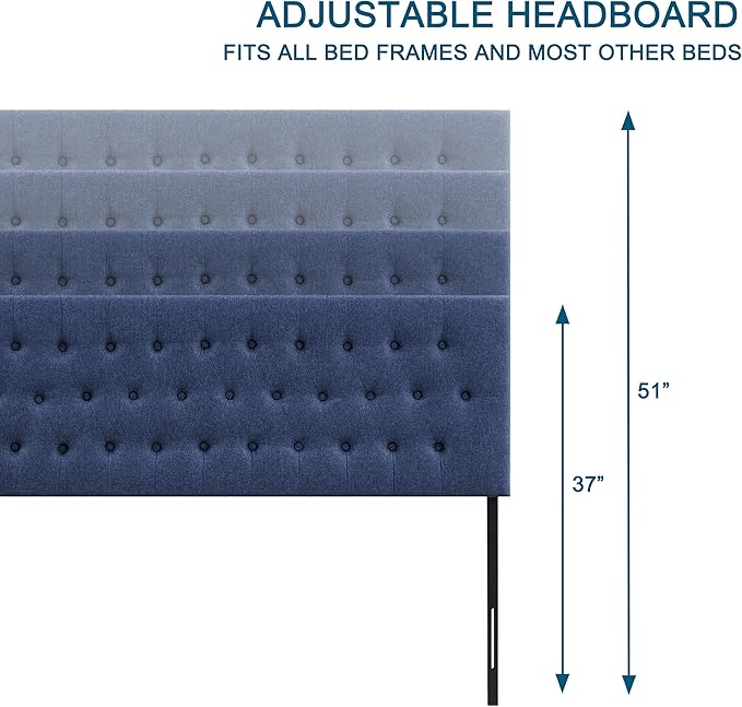 Tufted Upholstered Headboard Twin Size, Solid Wood Head Board with Durable Metal Legs, Adjustable Height Twin XL headboard from 37” to 51” Fabric Headboard in Modern Button Design, Blue