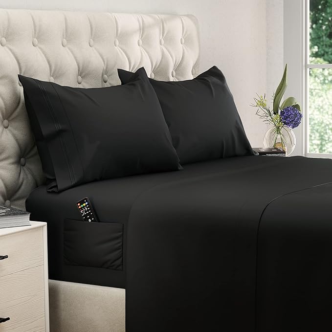 DREAMCARE Queen Sheet Set – 4 pcs Cooling Sheets – up to 21” Extra Deep Pocket Queen Sheets – Hotel Luxury Sheets & Pillowcases – Superior Softness 100% Fine Microfiber with Side Pocket – Black