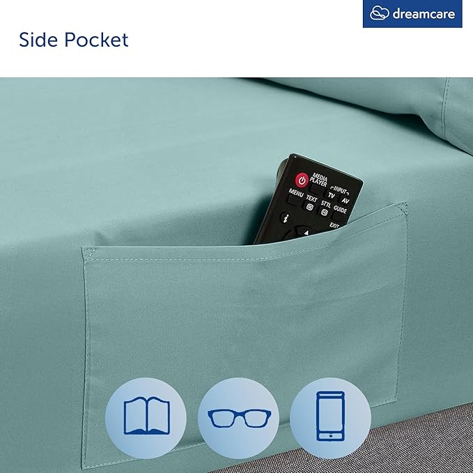 DREAMCARE Queen Size Sheets - Cooling Bed Sheets - 4pcs Set - up to 15" Deep Pocket Queen Sheet Set - Sheets Queen Size Bed - Soft & Long Lasting 100% Fine Microfiber with Side Pocket - Spa Blue