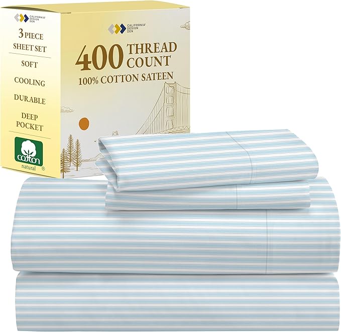 California Design Den Printed Twin XL Sheet Sets - 400 Thread Count Sateen, Natural 100% Cotton Sheets, Deep Pockets, Cooling and Durable Bedding Set - Cape Stripe